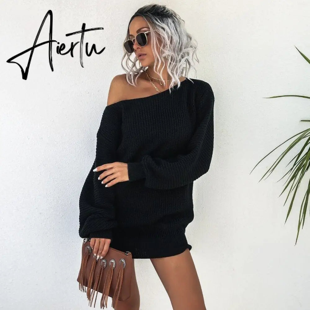 Aieru Women's Autumn and Winter New Knitted Sweater Dresses Casual Off Shoulder Lantern Sleeve Knitted Sweater Skirts Pull Femme 18045 Aiertu