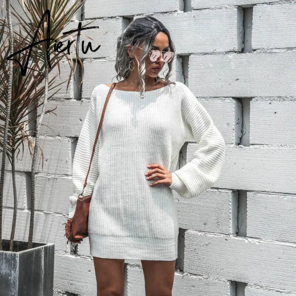 Aieru Women's Autumn and Winter New Knitted Sweater Dresses Casual Off Shoulder Lantern Sleeve Knitted Sweater Skirts Pull Femme 18045 Aiertu