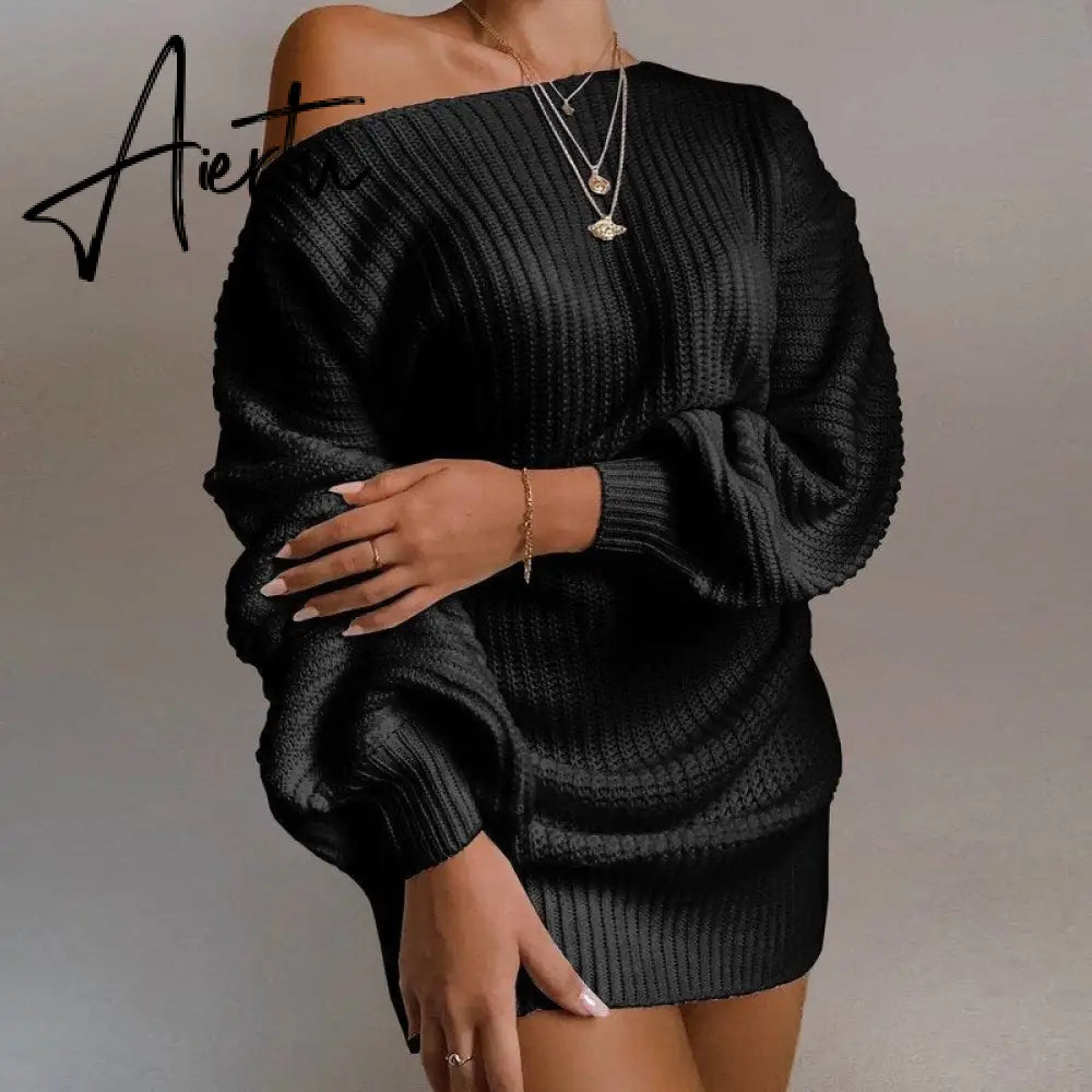 Aieru Women's Autumn and Winter New Knitted Sweater Dresses Casual Off Shoulder Lantern Sleeve Knitted Sweater Skirts Pull Femme 18045 Aiertu