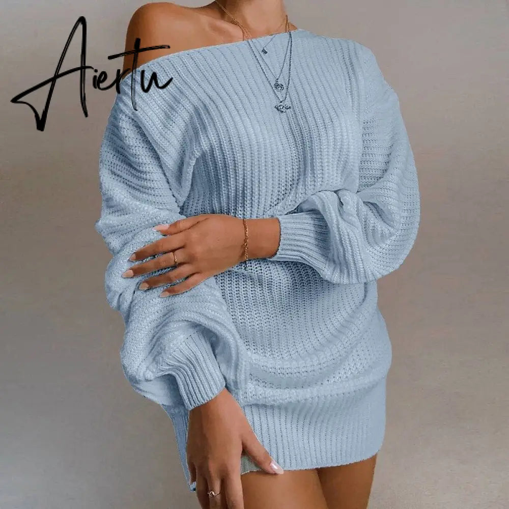 Aieru Women's Autumn and Winter New Knitted Sweater Dresses Casual Off Shoulder Lantern Sleeve Knitted Sweater Skirts Pull Femme 18045 Aiertu