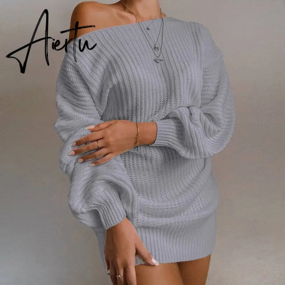 Aieru Women's Autumn and Winter New Knitted Sweater Dresses Casual Off Shoulder Lantern Sleeve Knitted Sweater Skirts Pull Femme 18045 Aiertu