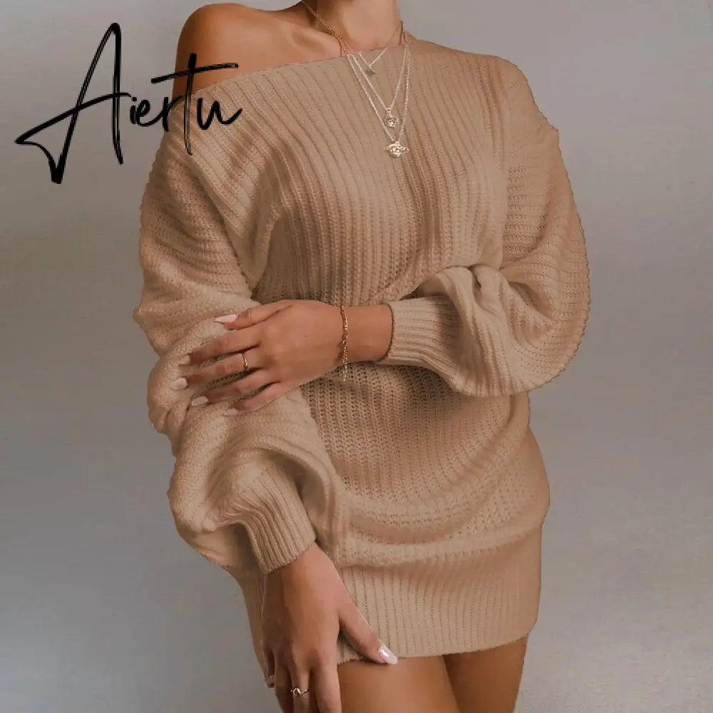 Aieru Women's Autumn and Winter New Knitted Sweater Dresses Casual Off Shoulder Lantern Sleeve Knitted Sweater Skirts Pull Femme 18045 Aiertu