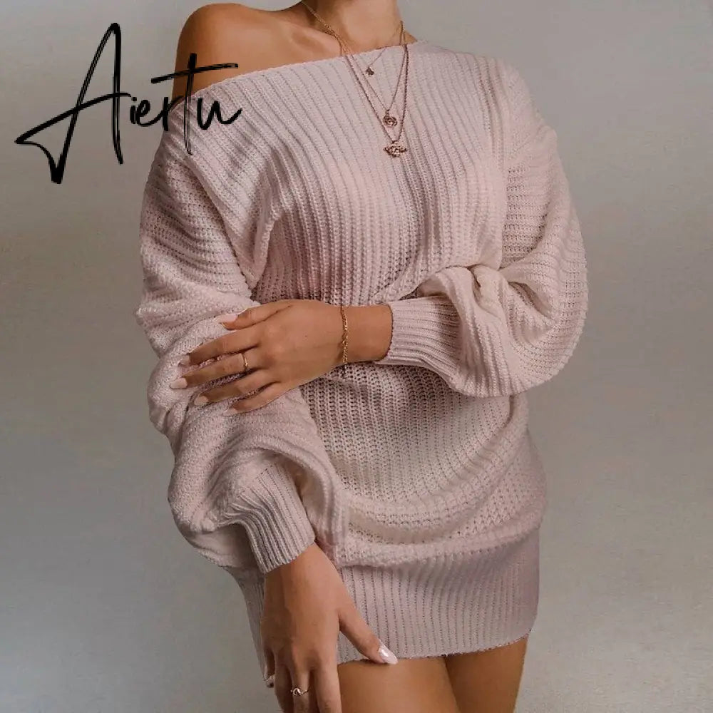 Aieru Women's Autumn and Winter New Knitted Sweater Dresses Casual Off Shoulder Lantern Sleeve Knitted Sweater Skirts Pull Femme 18045 Aiertu