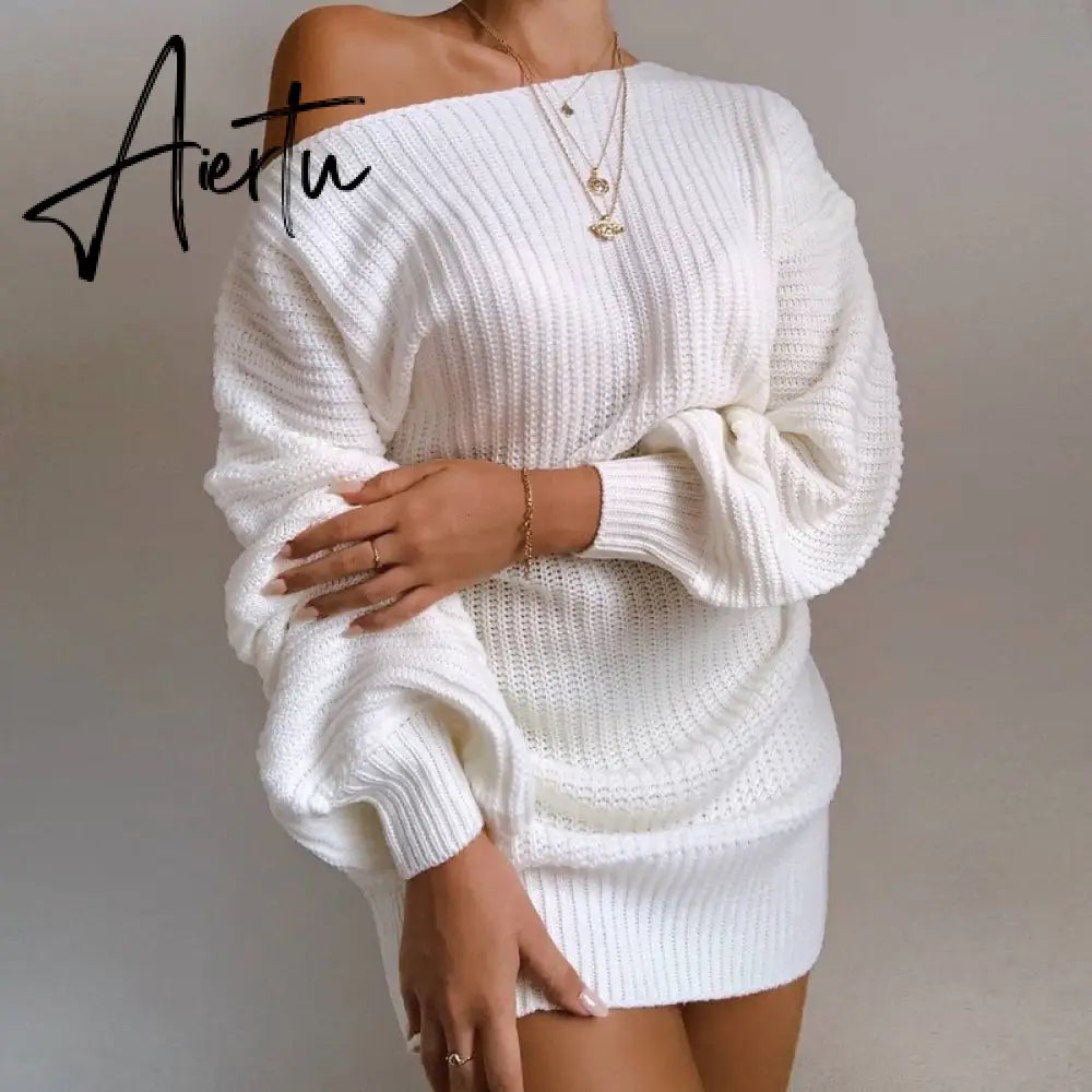 Aieru Women's Autumn and Winter New Knitted Sweater Dresses Casual Off Shoulder Lantern Sleeve Knitted Sweater Skirts Pull Femme 18045 Aiertu