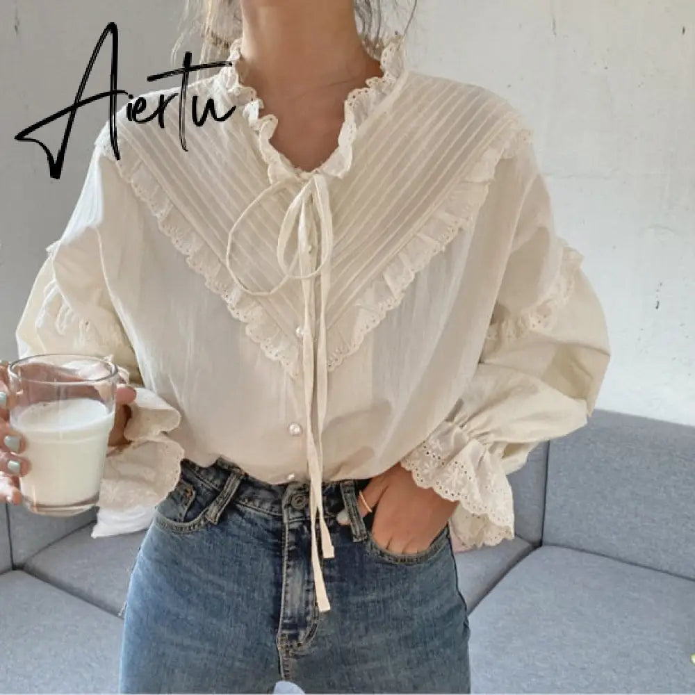 Alien Kitty New Arrival Hollow Out Vintage Elegant Tops Women Shirt Solid Long Sleeve Korean Style Loose Blouses Blusas Aiertu