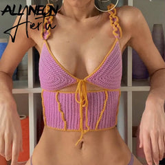 ALLNeon 2000s Fashion Hollow Out Patchwork Knitted Cami Tops E-girl Aesthetics Sexy V-neck Pink Lace-Up Ruffles Straped Crop Top Aiertu