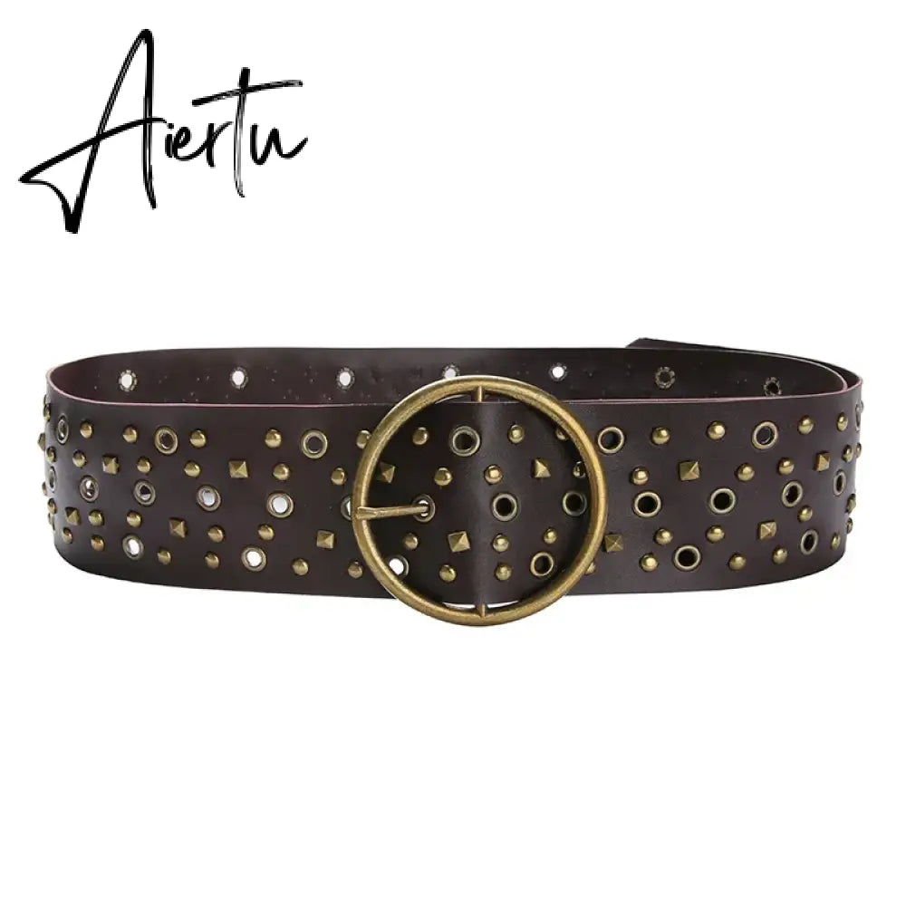 American Retro Grunge Belts PU Leather Rivet Metal Ring Hollow Out  Adjustable Belts Y2K Aesthetic Cyber Edgy Techno Accessories Aiertu