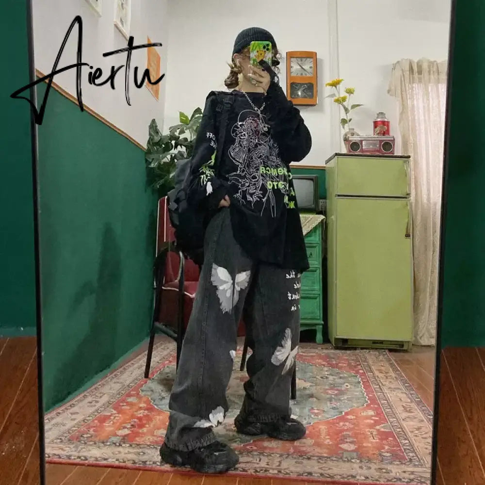 American street clothing retro trend pocket jeans female letter star print high waist casual oversized straight pants women Aiertu