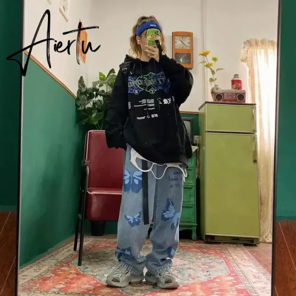 American street clothing retro trend pocket jeans female letter star print high waist casual oversized straight pants women Aiertu