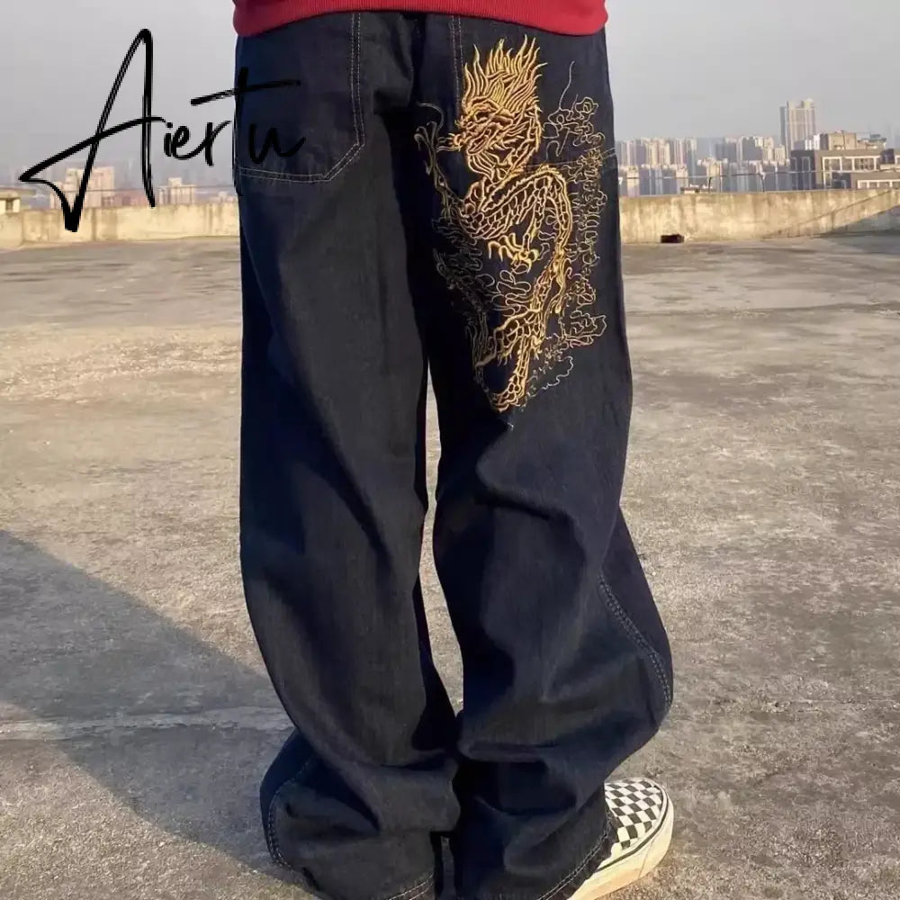 American street clothing retro trend pocket jeans female letter star print high waist casual oversized straight pants women Aiertu
