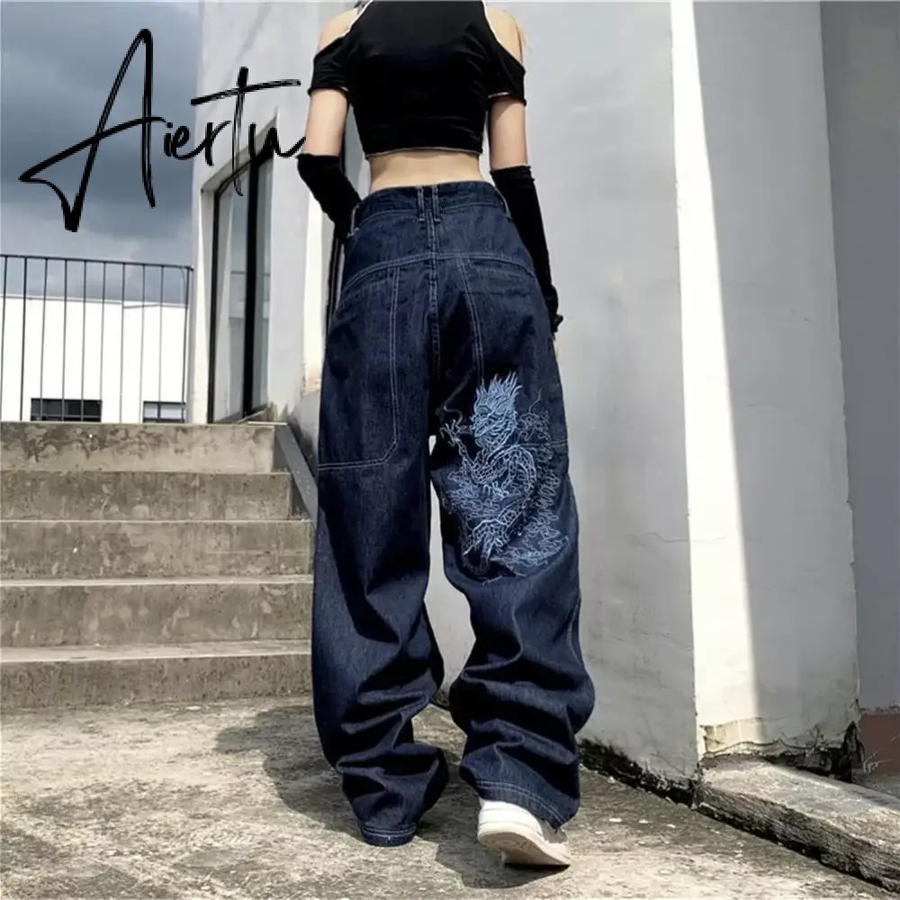 American street clothing retro trend pocket jeans female letter star print high waist casual oversized straight pants women Aiertu