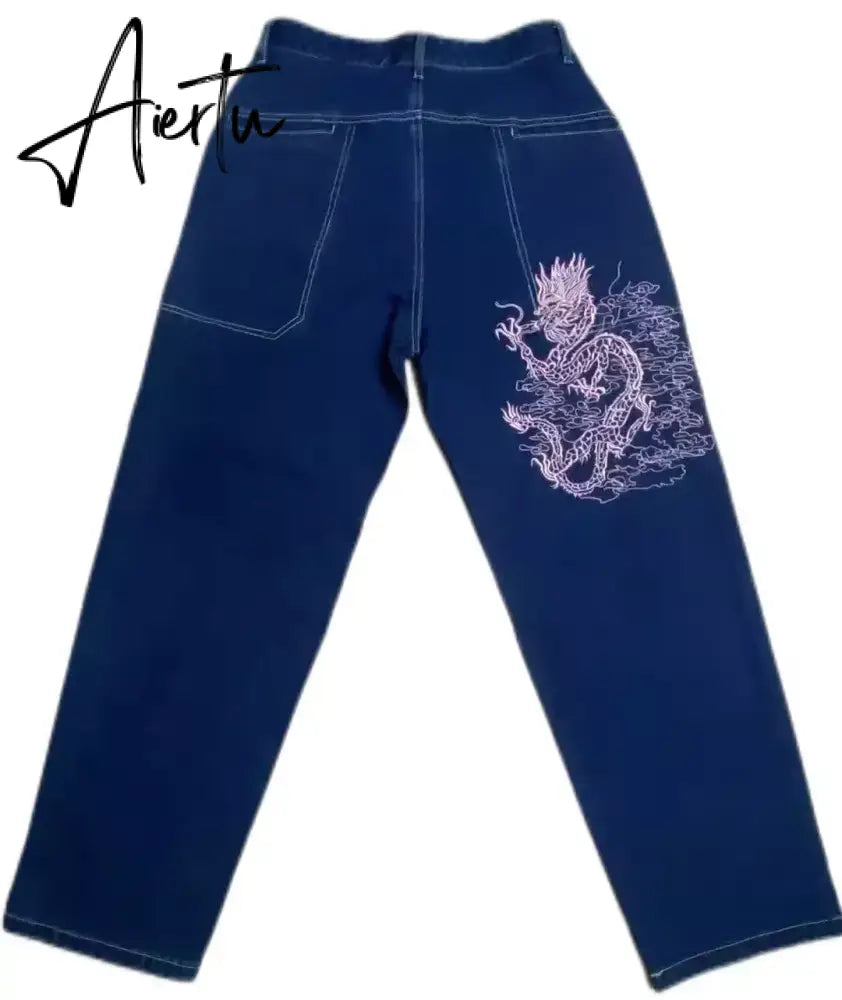 American street clothing retro trend pocket jeans female letter star print high waist casual oversized straight pants women Aiertu