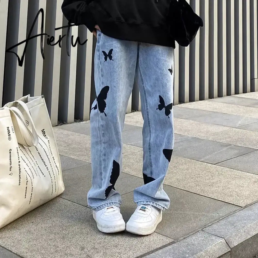 American street clothing retro trend pocket jeans female letter star print high waist casual oversized straight pants women Aiertu