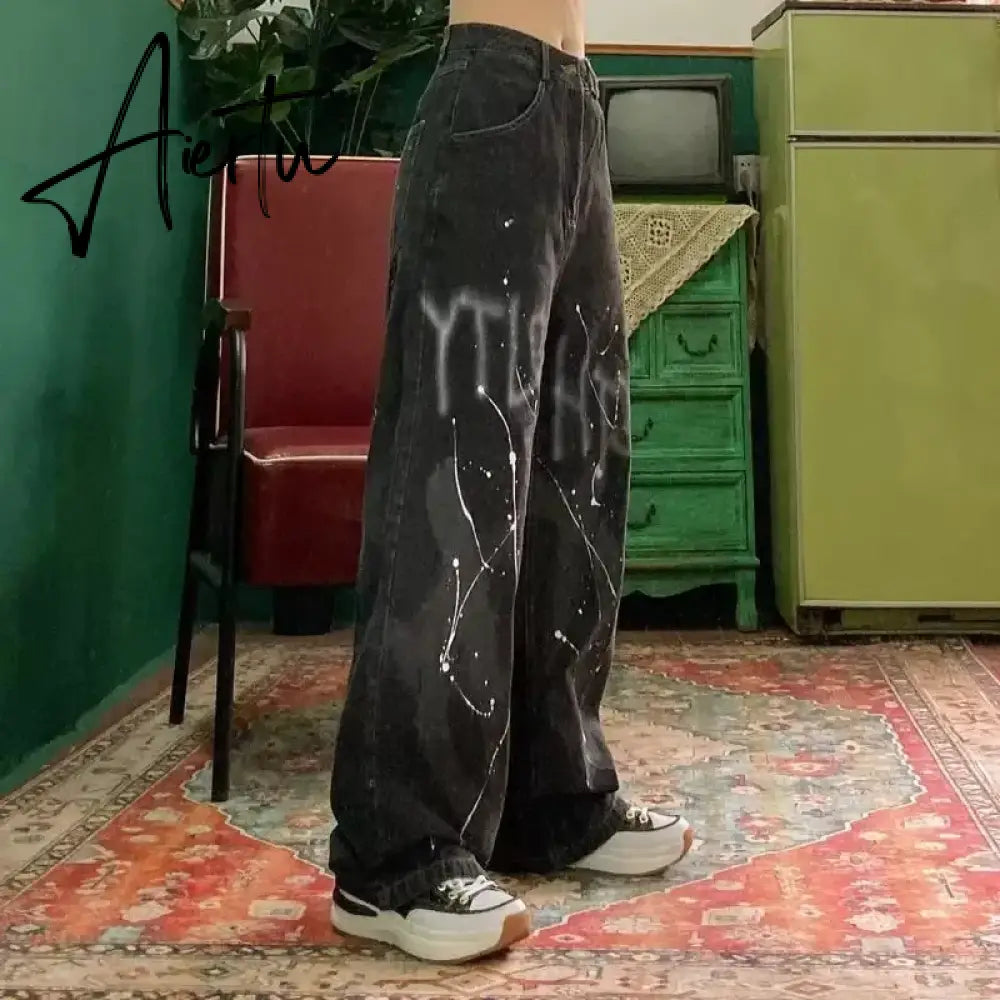 American street clothing retro trend pocket jeans female letter star print high waist casual oversized straight pants women Aiertu