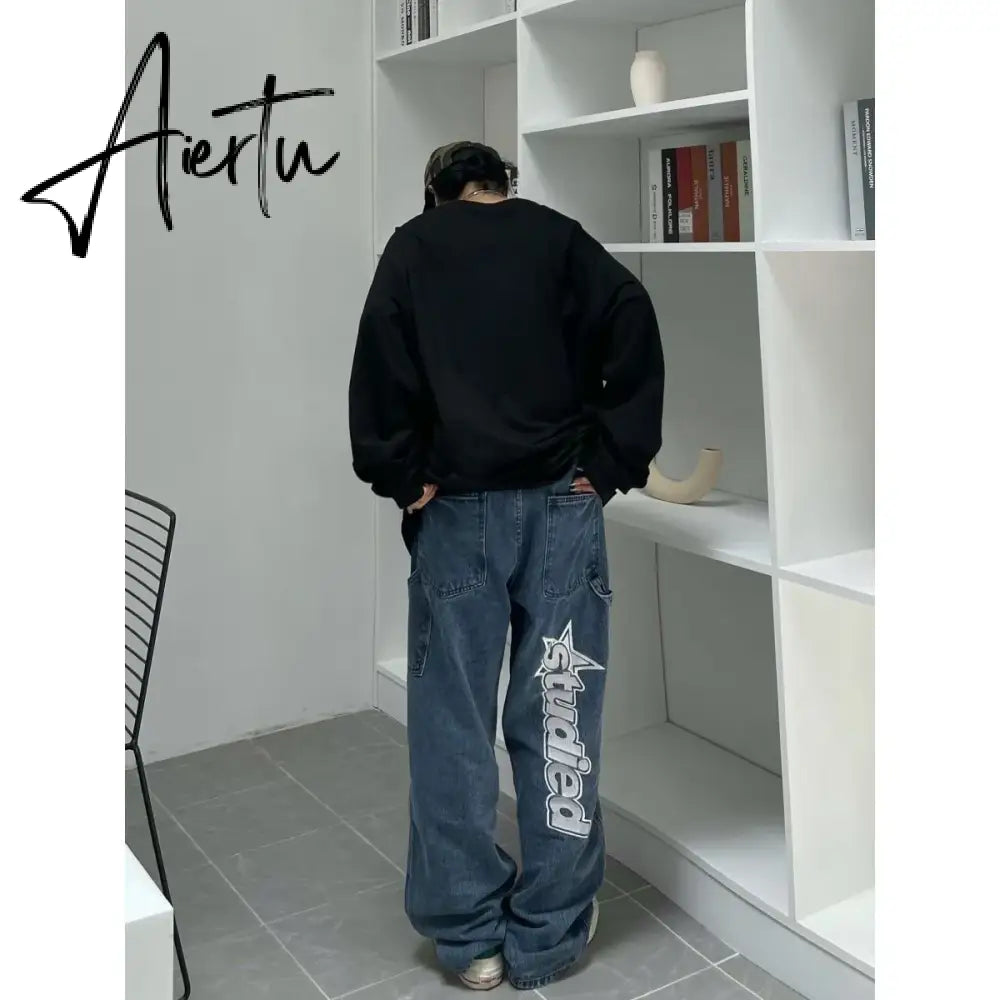 American street clothing retro trend pocket jeans female letter star print high waist casual oversized straight pants women Aiertu