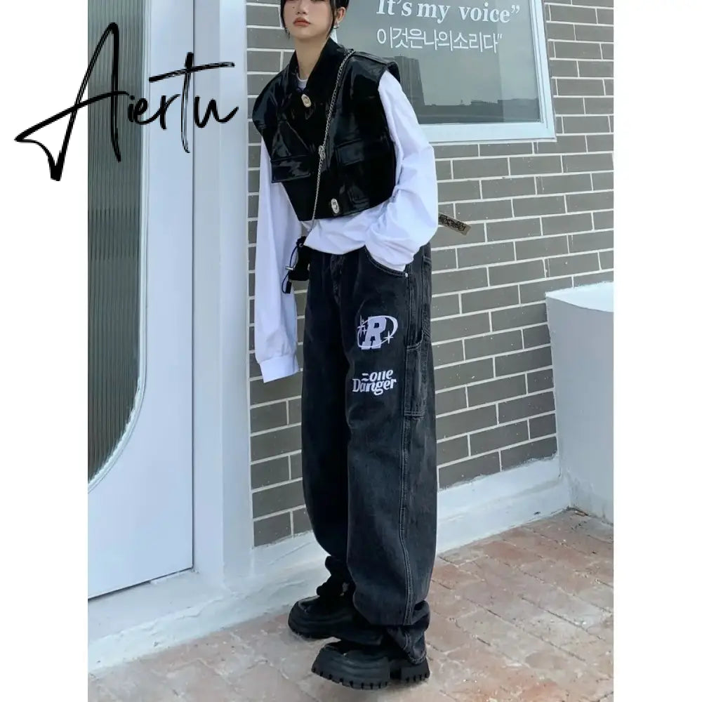American street clothing retro trend pocket jeans female letter star print high waist casual oversized straight pants women Aiertu