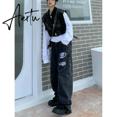 American street clothing retro trend pocket jeans female letter star print high waist casual oversized straight pants women Aiertu
