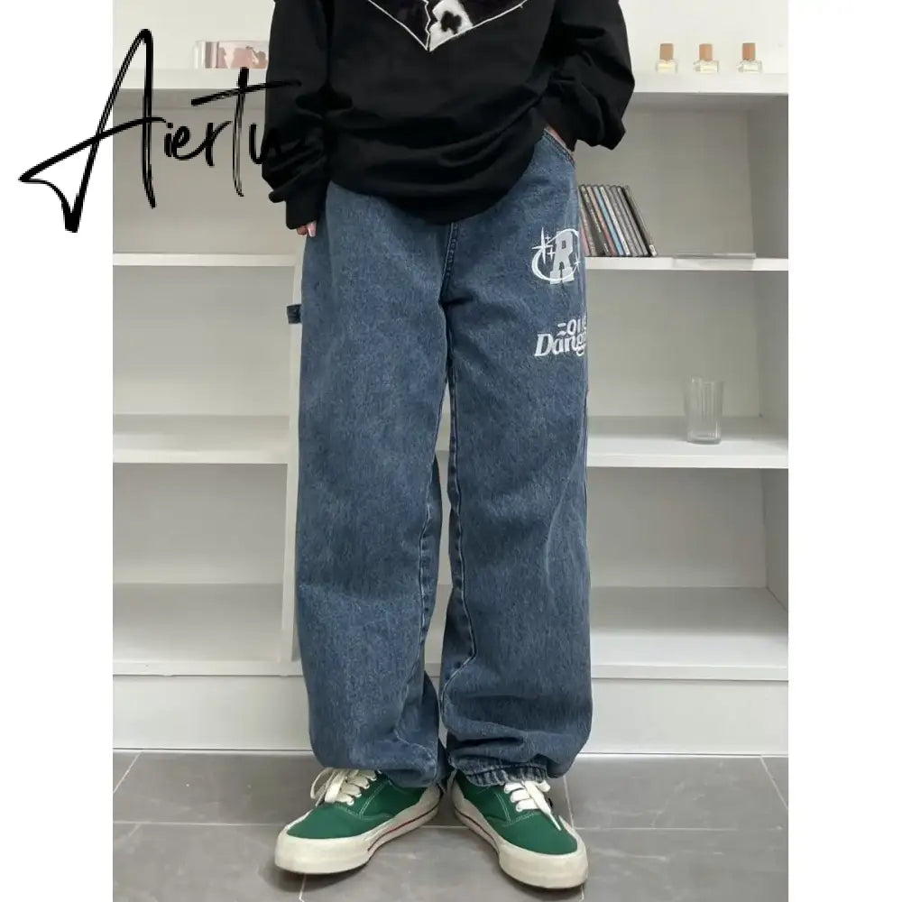 American street clothing retro trend pocket jeans female letter star print high waist casual oversized straight pants women Aiertu