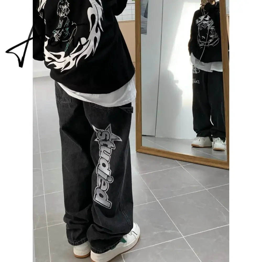 American street clothing retro trend pocket jeans female letter star print high waist casual oversized straight pants women Aiertu