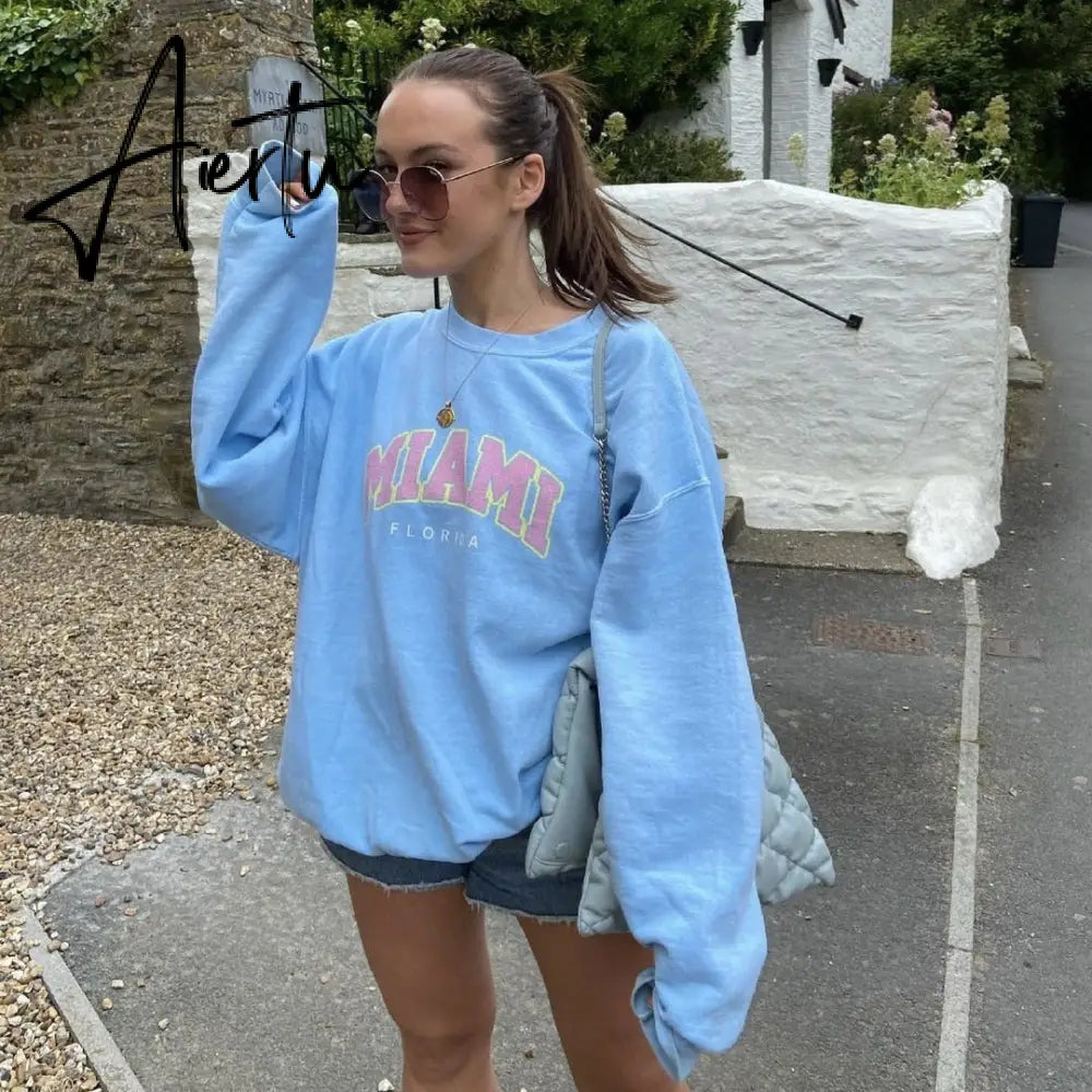 American Stylish  Letter Printing Sweatshirt Women Sky Blue Thick Warm Winter Tops  New Oversized Streetwear Fashion Aiertu