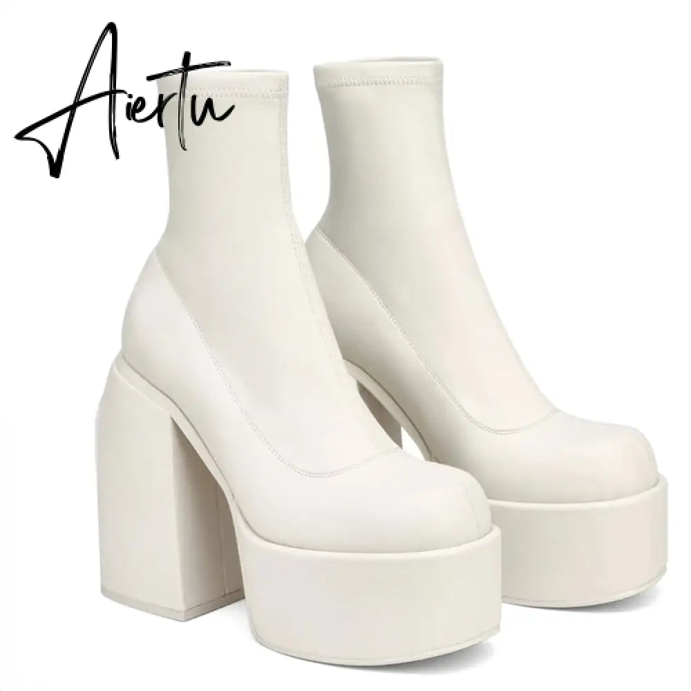 Ankle Boots Women Fashion High Platform Shaped High Heel Boots Chunky Heels Zipper Designer Shoes 45 Platform Shoes Women Shoes Aiertu