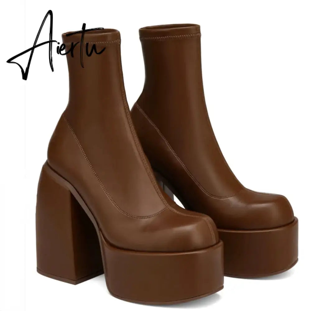Ankle Boots Women Fashion High Platform Shaped High Heel Boots Chunky Heels Zipper Designer Shoes 45 Platform Shoes Women Shoes Aiertu
