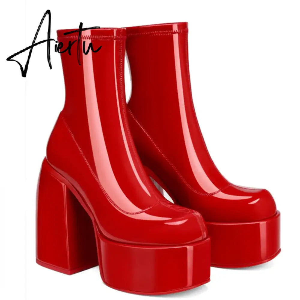 Ankle Boots Women Fashion High Platform Shaped High Heel Boots Chunky Heels Zipper Designer Shoes 45 Platform Shoes Women Shoes Aiertu