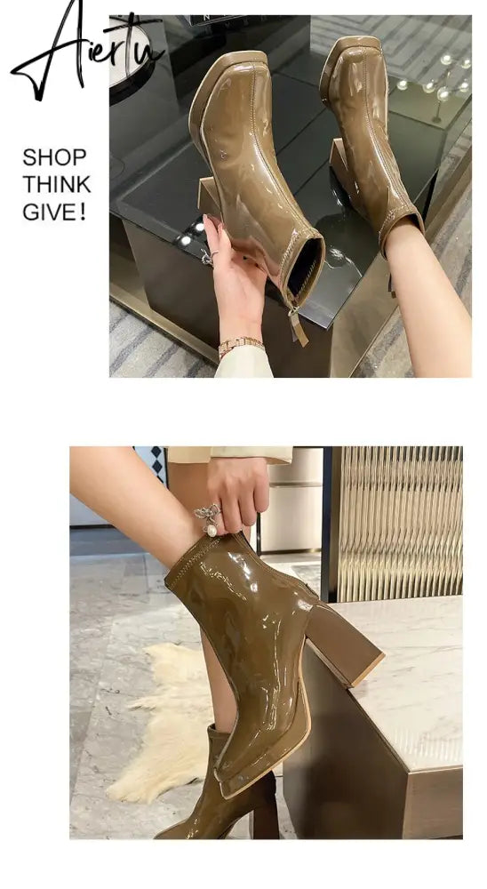 Ankle Boots Women New Fashion Sexy Patent Leather Thick High Heel Cute Gothic White Platform Boots Red Shoes Big Size 43 Aiertu