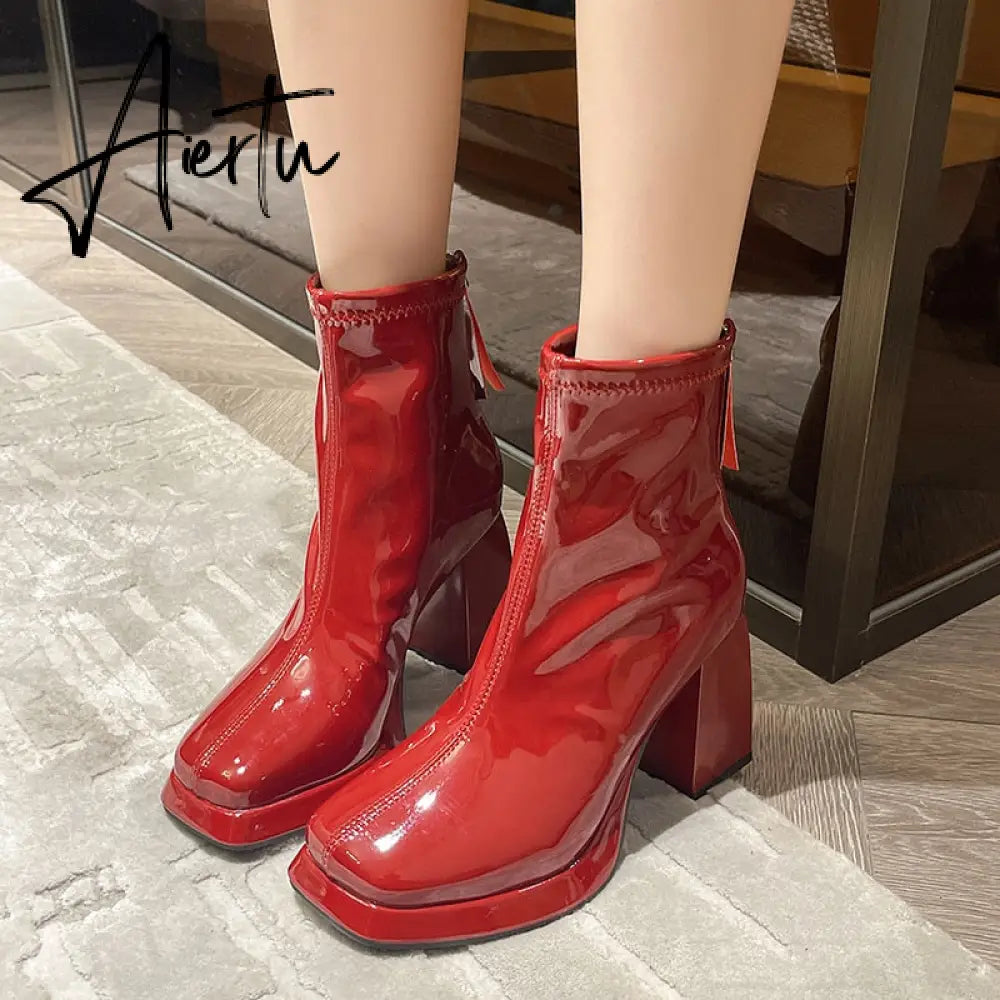 Ankle Boots Women New Fashion Sexy Patent Leather Thick High Heel Cute Gothic White Platform Boots Red Shoes Big Size 43 Aiertu