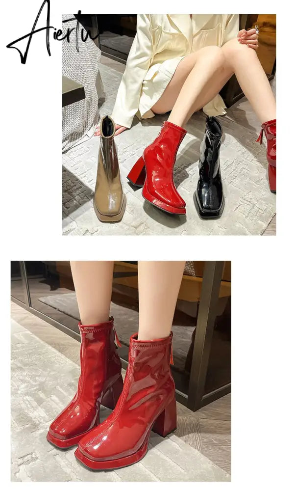 Ankle Boots Women New Fashion Sexy Patent Leather Thick High Heel Cute Gothic White Platform Boots Red Shoes Big Size 43 Aiertu