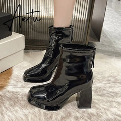 Ankle Boots Women New Fashion Sexy Patent Leather Thick High Heel Cute Gothic White Platform Boots Red Shoes Big Size 43 Aiertu