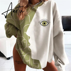 Apricot White Eye Print Crewneck Sweatshirt Women Vintage Casual Loose Fashion Top Thin Pullover Spring Fall England Style Aiertu