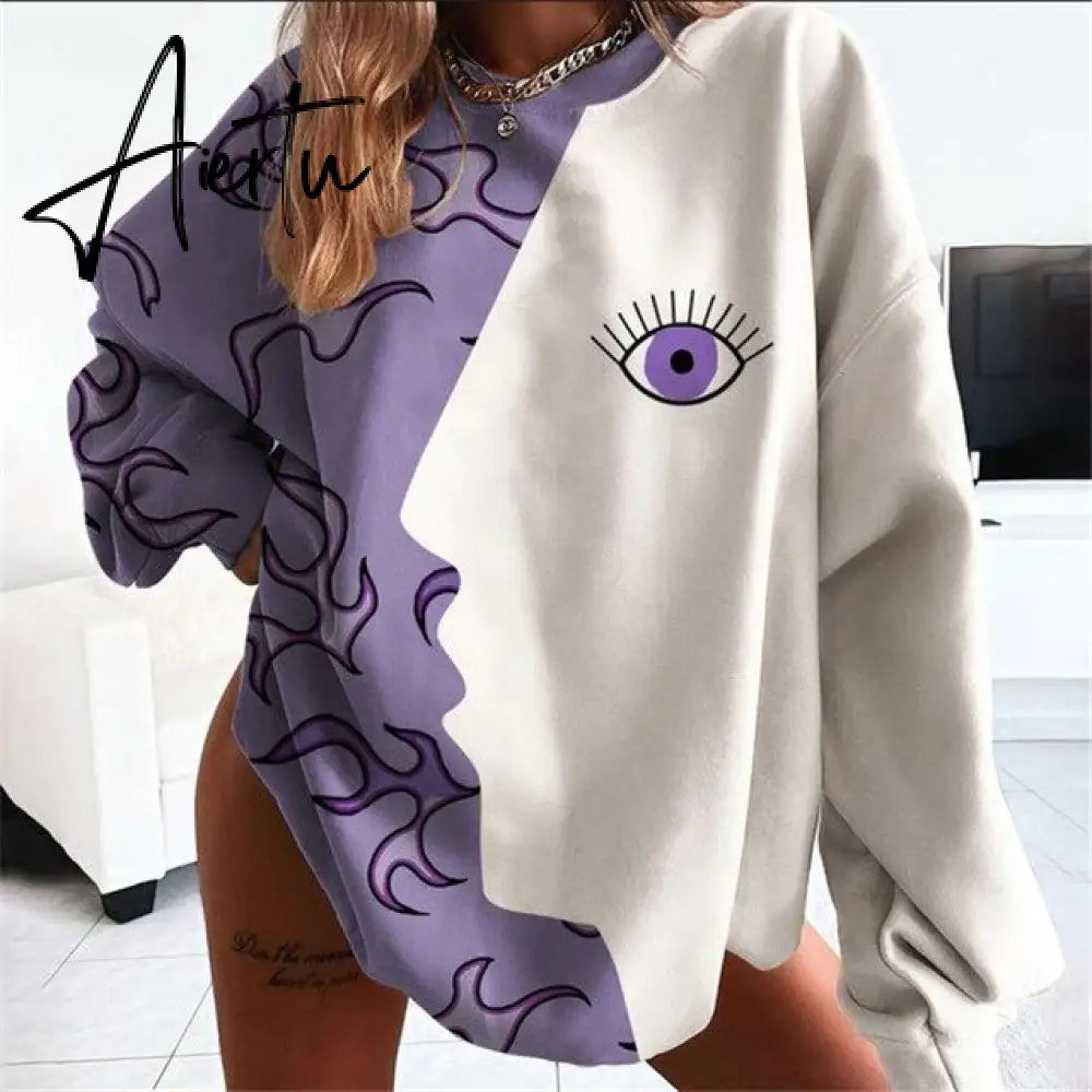 Apricot White Eye Print Crewneck Sweatshirt Women Vintage Casual Loose Fashion Top Thin Pullover Spring Fall England Style Aiertu