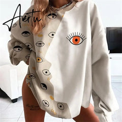 Apricot White Eye Print Crewneck Sweatshirt Women Vintage Casual Loose Fashion Top Thin Pullover Spring Fall England Style Aiertu