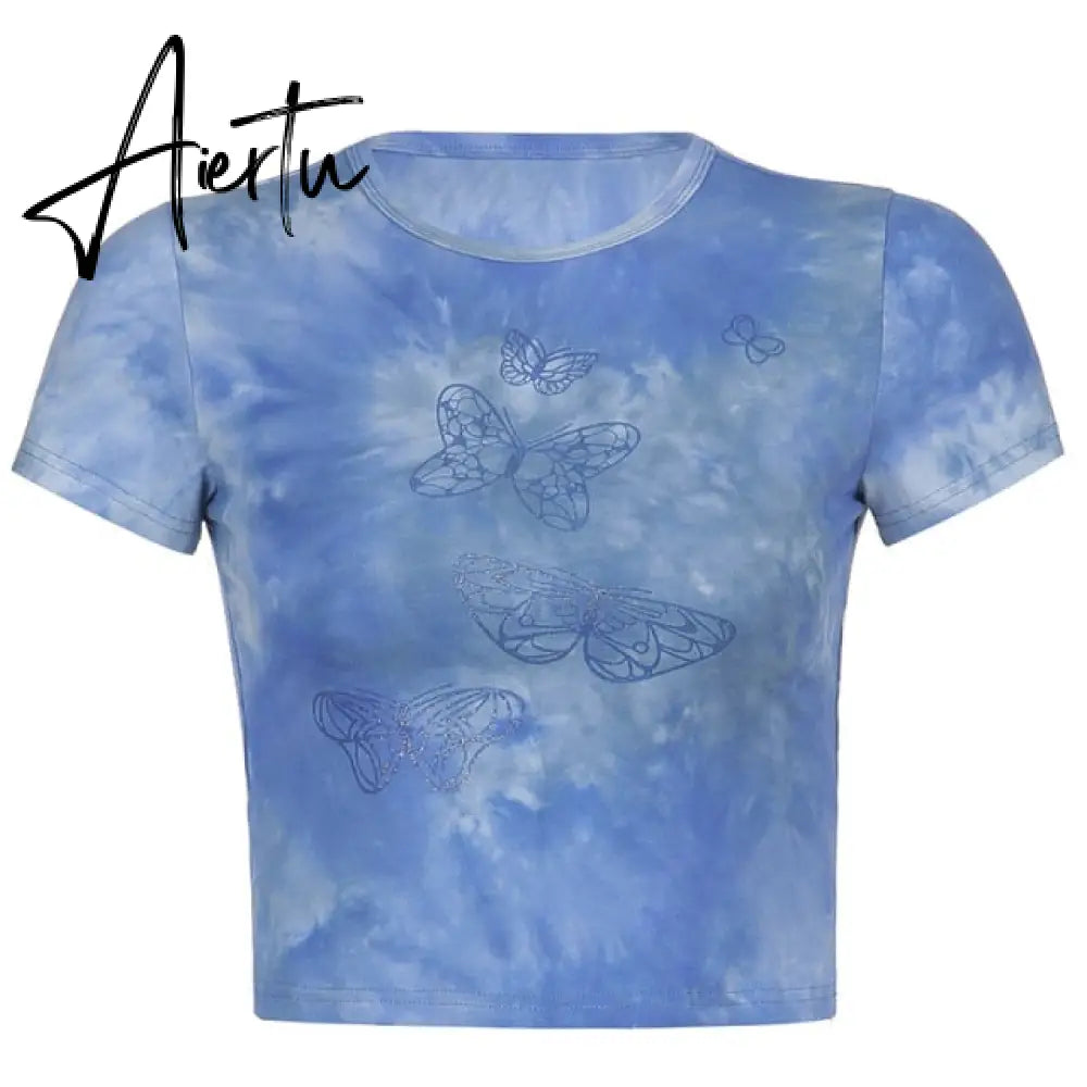 ArtSu Summer Casual Cat Print Cute Crop Top T Shirt Fashion Tie Dye Print Short Sleeve T-shirt Ladies Purple Streetwear TS52220 Aiertu