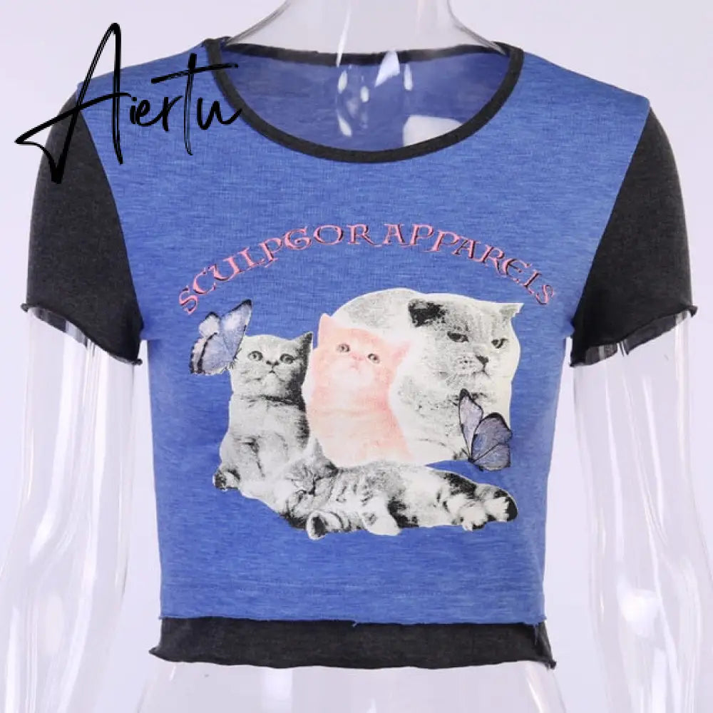 ArtSu Summer Casual Cat Print Cute Crop Top T Shirt Fashion Tie Dye Print Short Sleeve T-shirt Ladies Purple Streetwear TS52220 Aiertu