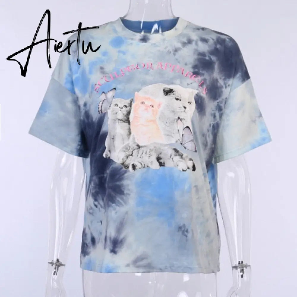 ArtSu Summer Casual Cat Print Cute Crop Top T Shirt Fashion Tie Dye Print Short Sleeve T-shirt Ladies Purple Streetwear TS52220 Aiertu