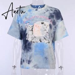 ArtSu Summer Casual Cat Print Cute Crop Top T Shirt Fashion Tie Dye Print Short Sleeve T-shirt Ladies Purple Streetwear TS52220 Aiertu