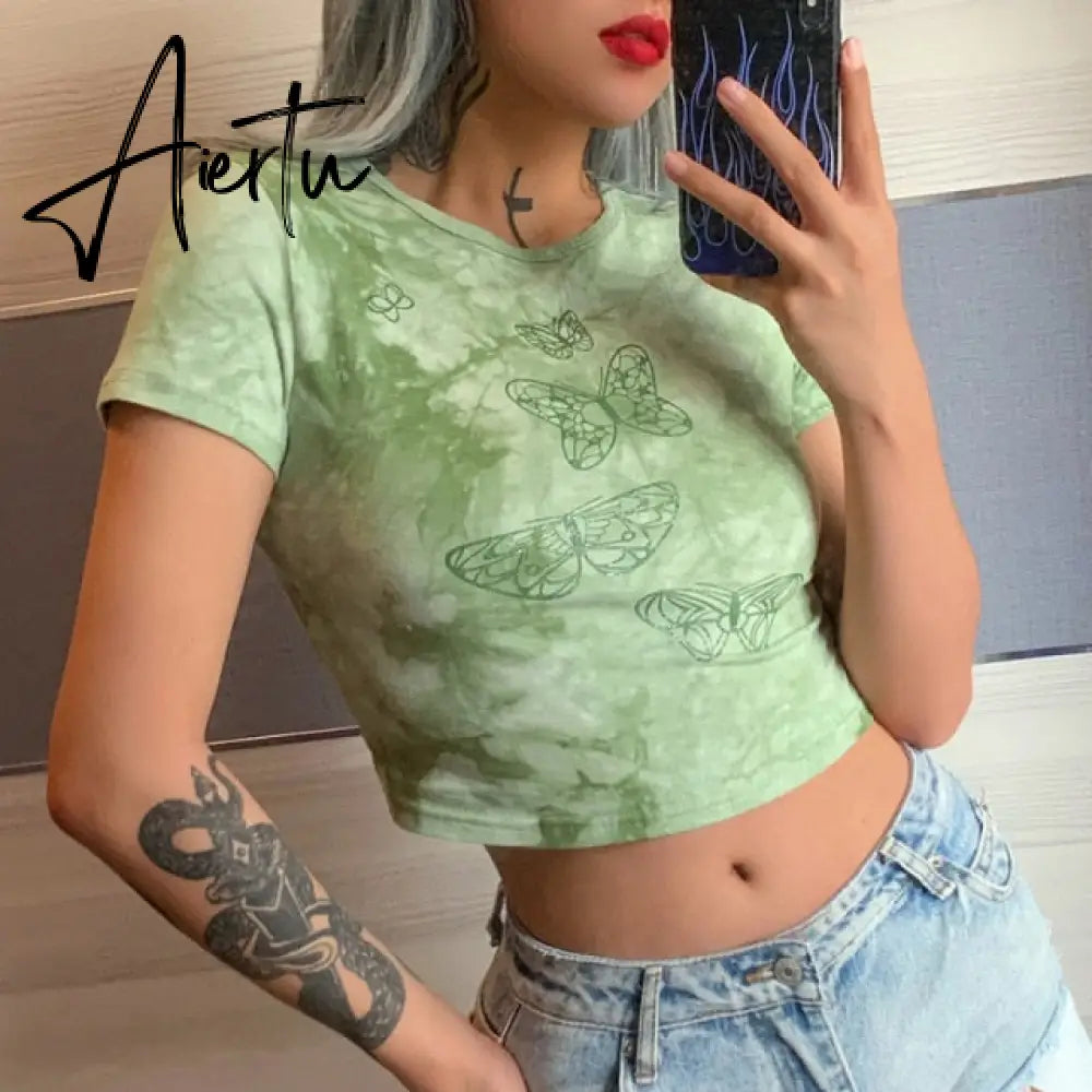 ArtSu Summer Casual Cat Print Cute Crop Top T Shirt Fashion Tie Dye Print Short Sleeve T-shirt Ladies Purple Streetwear TS52220 Aiertu