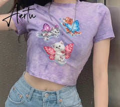 ArtSu Summer Casual Cat Print Cute Crop Top T Shirt Fashion Tie Dye Print Short Sleeve T-shirt Ladies Purple Streetwear TS52220 Aiertu