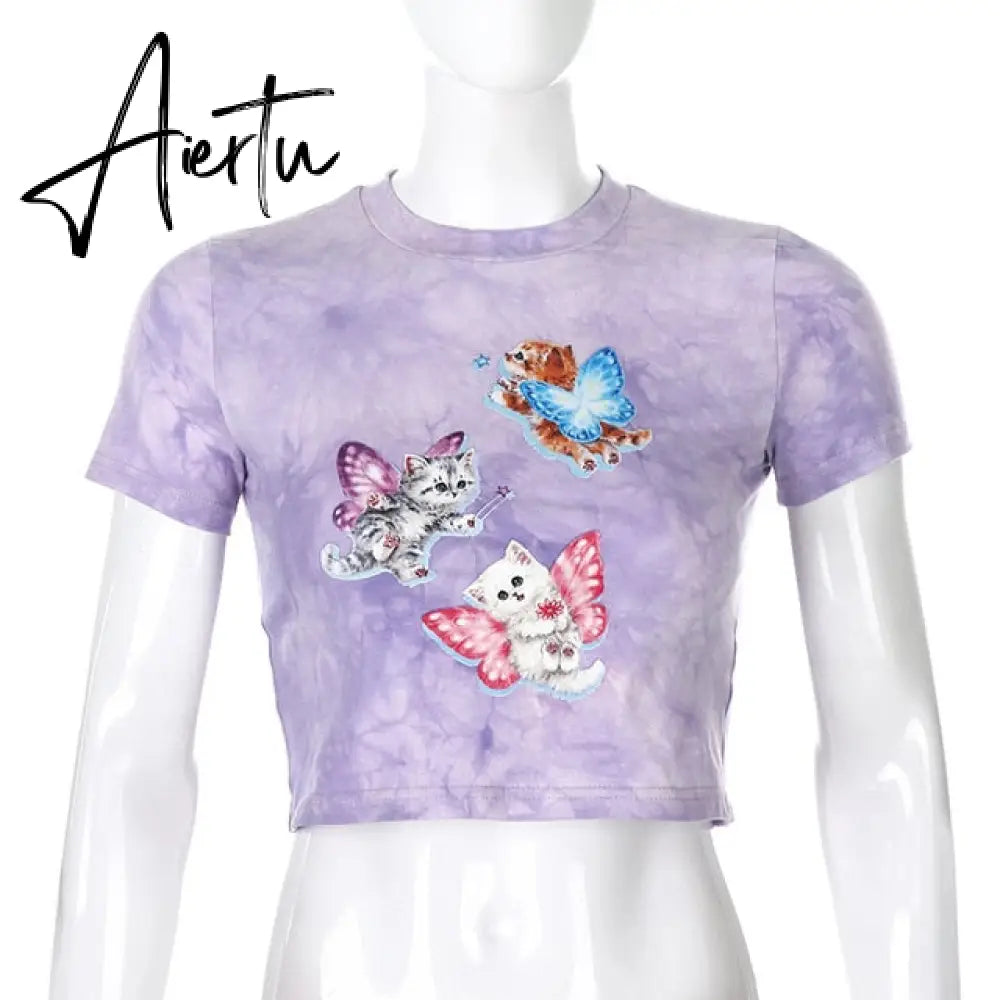 ArtSu Summer Casual Cat Print Cute Crop Top T Shirt Fashion Tie Dye Print Short Sleeve T-shirt Ladies Purple Streetwear TS52220 Aiertu