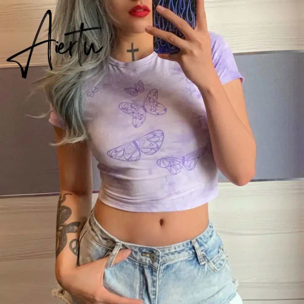 ArtSu Summer Casual Cat Print Cute Crop Top T Shirt Fashion Tie Dye Print Short Sleeve T-shirt Ladies Purple Streetwear TS52220 Aiertu
