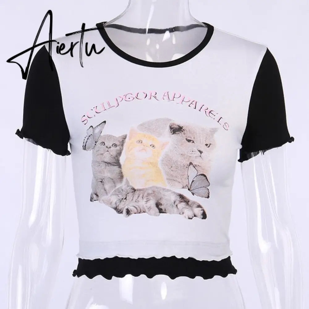 ArtSu Summer Casual Cat Print Cute Crop Top T Shirt Fashion Tie Dye Print Short Sleeve T-shirt Ladies Purple Streetwear TS52220 Aiertu