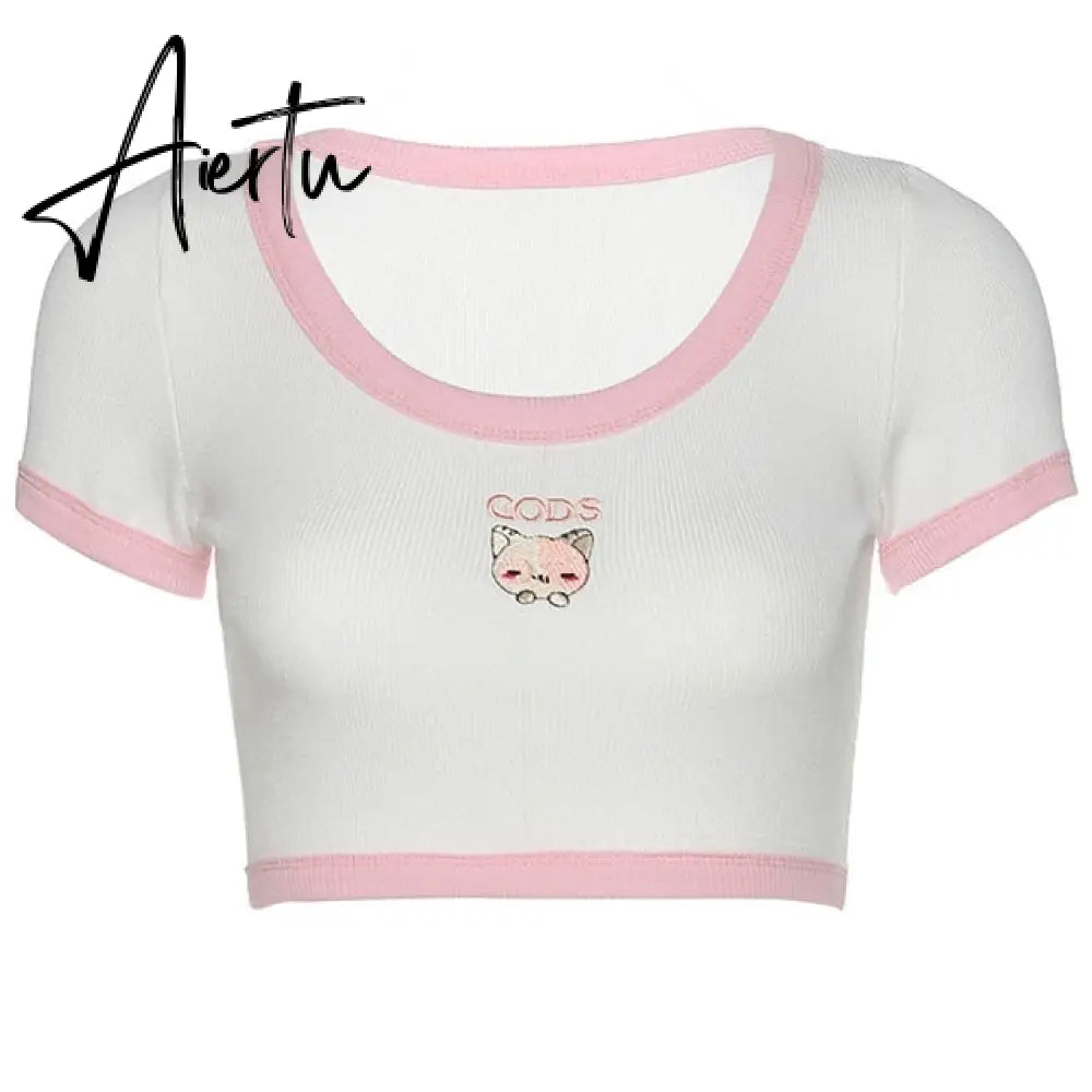 ArtSu Summer Casual Cat Print Cute Crop Top T Shirt Fashion Tie Dye Print Short Sleeve T-shirt Ladies Purple Streetwear TS52220 Aiertu