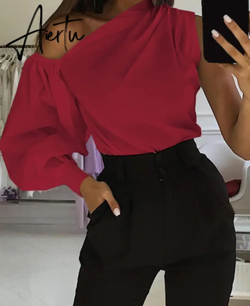 Asymmetrical Blouse Women Summer Off Shoulder Blusas Elegant Lantern Long Sleeve Shirt Fashion Ladies Party Tops Aiertu
