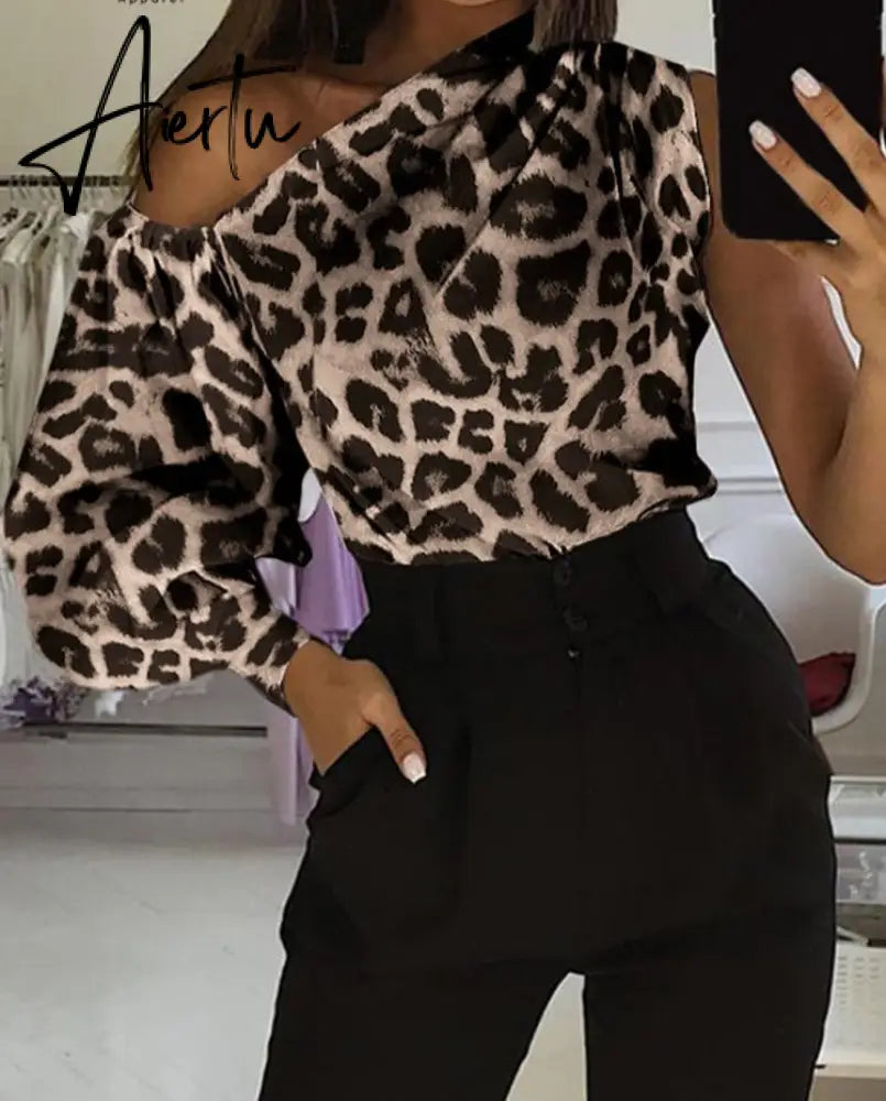 Asymmetrical Blouse Women Summer Off Shoulder Blusas Elegant Lantern Long Sleeve Shirt Fashion Ladies Party Tops Aiertu