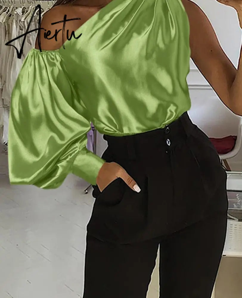 Asymmetrical Blouse Women Summer Off Shoulder Blusas Elegant Lantern Long Sleeve Shirt Fashion Ladies Party Tops Aiertu