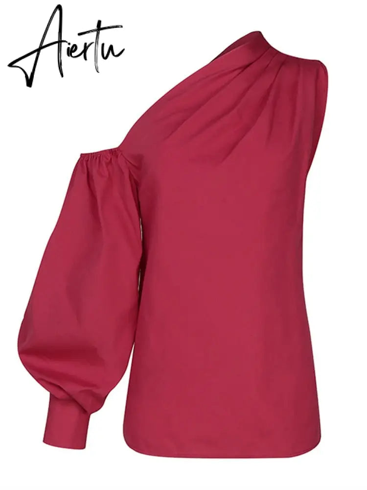 Asymmetrical Blouse Women Summer Off Shoulder Blusas Elegant Lantern Long Sleeve Shirt Fashion Ladies Party Tops Aiertu