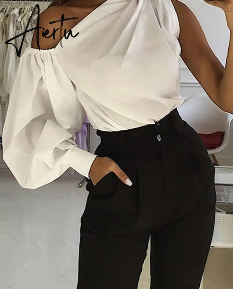 Asymmetrical Blouse Women Summer Off Shoulder Blusas Elegant Lantern Long Sleeve Shirt Fashion Ladies Party Tops Aiertu