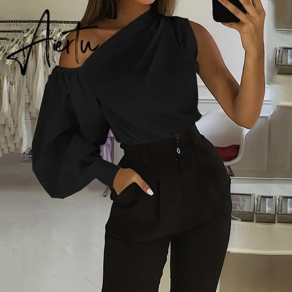 Asymmetrical Blouse Women Summer Off Shoulder Blusas Elegant Lantern Long Sleeve Shirt Fashion Ladies Party Tops Aiertu